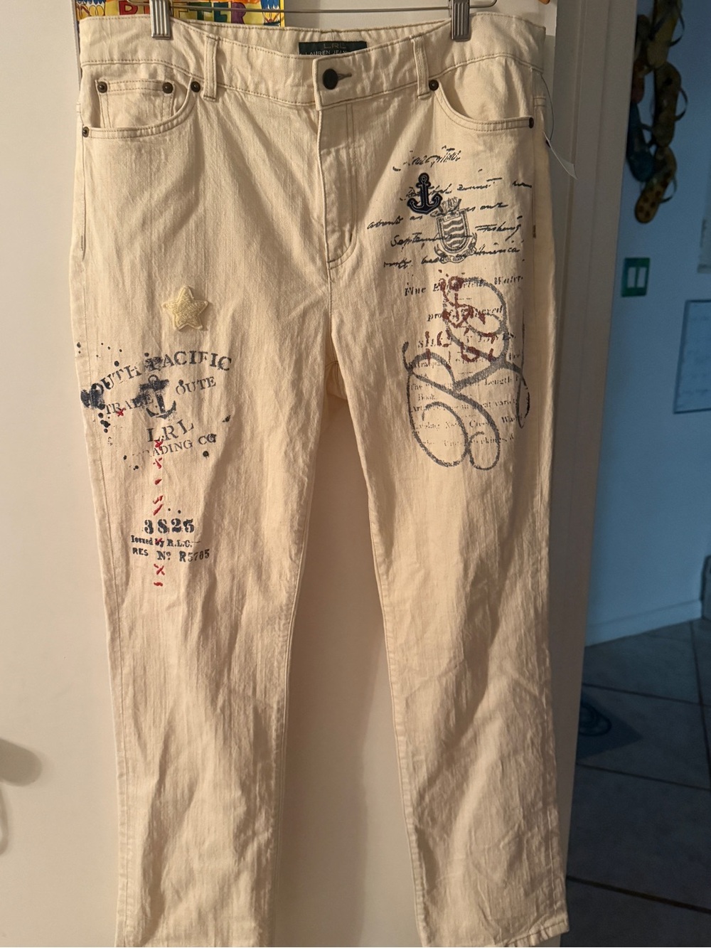 Ralph Lauren Cream Straight Leg Jeans with Nautical Script Details